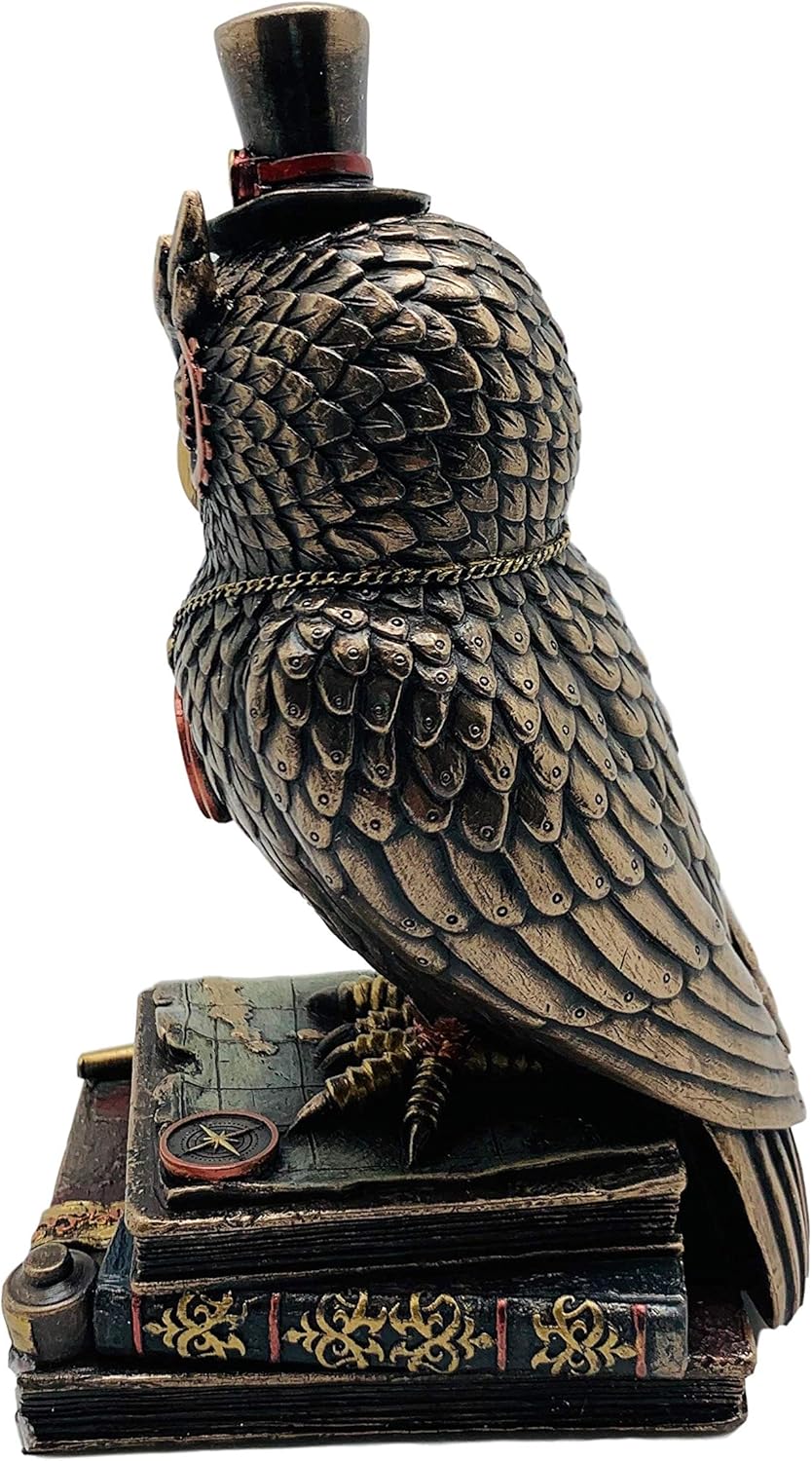 Veronese Design 8 1/8" Tall Steampunk Top Hat Owl Standing on Book Stacks