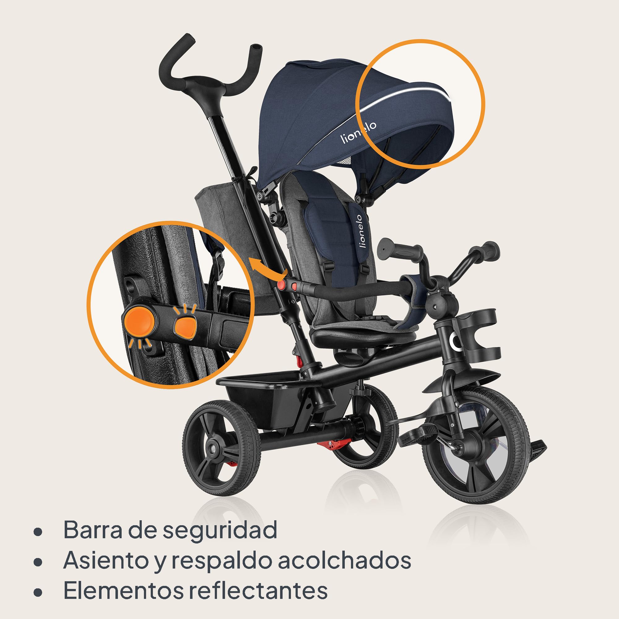 LIONELO Haari Triciclo Evolutivo para Niños, Bicicleta Bebe 4 en 1, Menores hasta 25 kg, 1,5-5 años, Carrito Cesta espaciosa, Bolsa y portavasos, Cinturones de 3 Puntos, Toldo Jeans