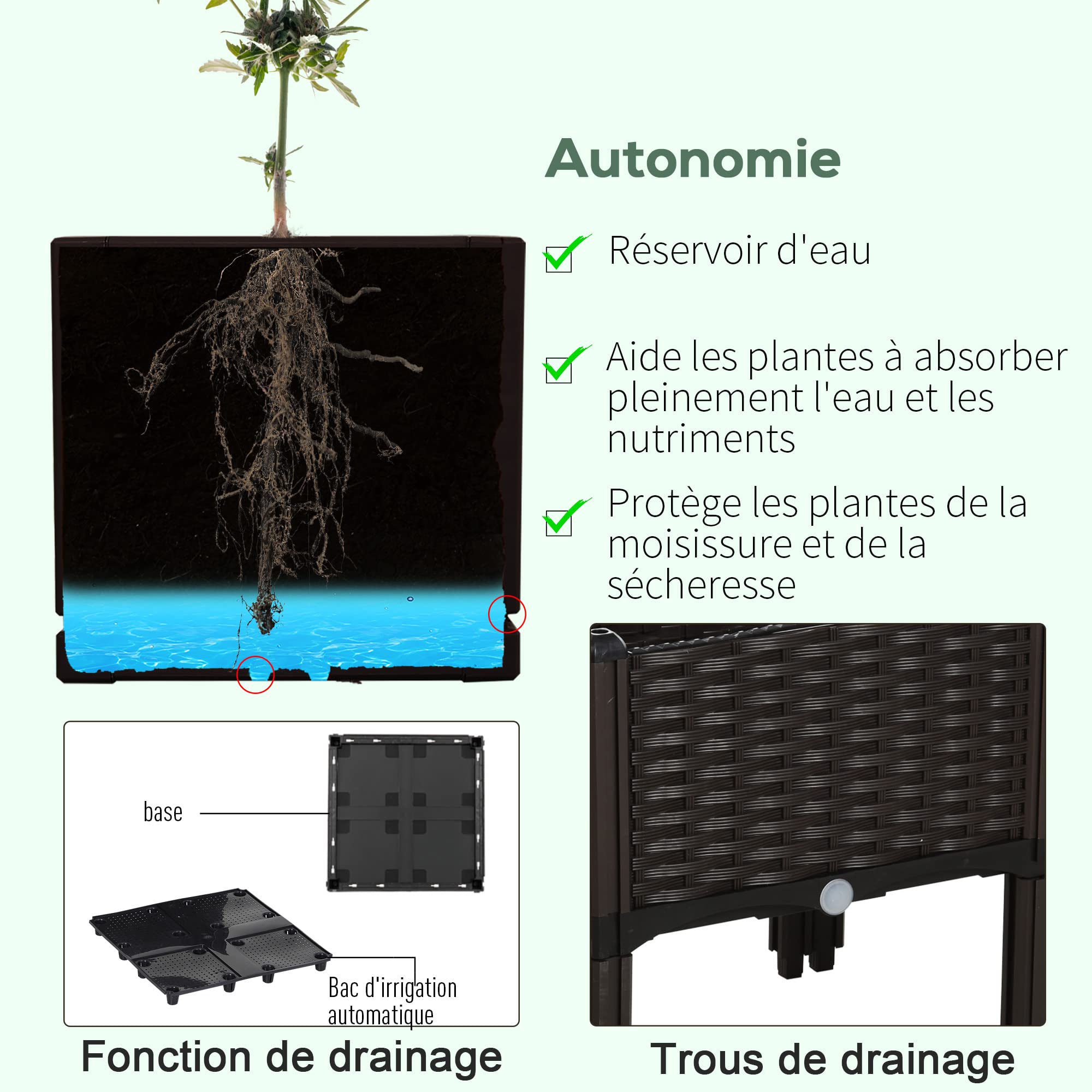 Outsunny Jardinière sur Pieds carré Potager 80L x 80l x 44H cm Chocolat | 2 Étages, Insert d'irrigation, Plastique Imitation Rotin Tressé