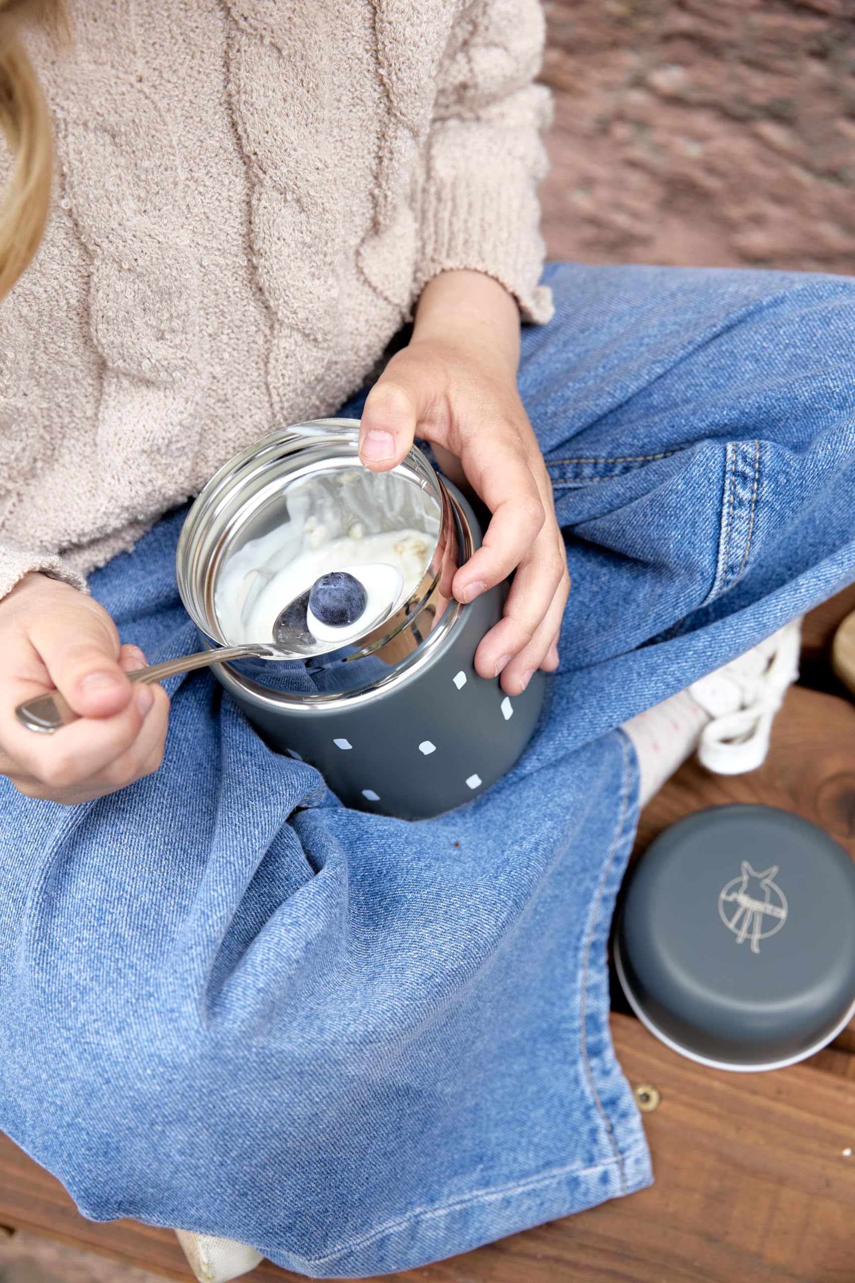 LÄSSIG Termiczny pojemnik do podgrzewania dla niemowląt, owsianka, szczelny, stal nierdzewna, 350 ml/Food Jar Happy Prints midnight Blue