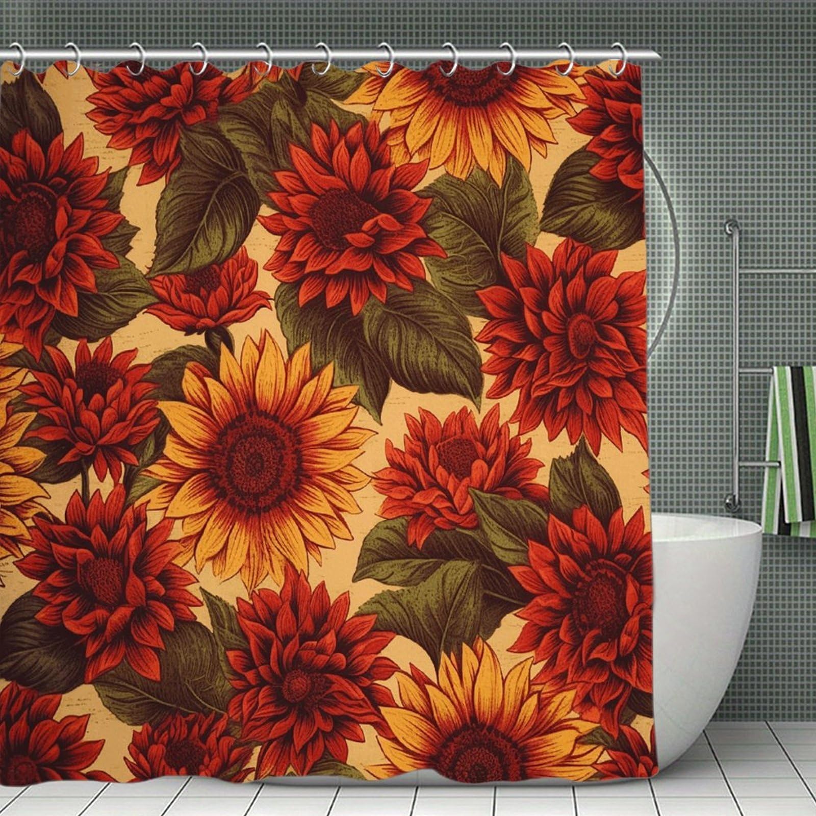 VstaDank Red Sunflower Shower Curtain Waterproof Bathroom Shower Curtain with C Type Hooks Soft Lightweight Shower Curtains Liner Washable Polyester Cloth Shower Liner 71x71 Inch
