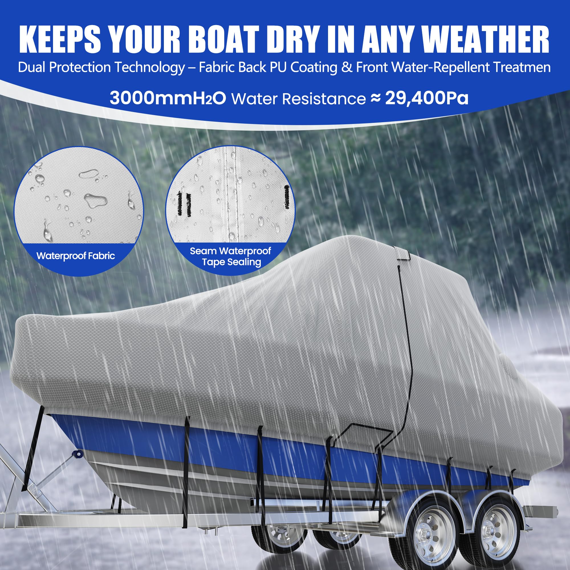 Bootsabdeckung für Mittelkonsole 24-26 Fuß, Trailerbare Bootsabdeckung für T-Top/Hardtop, strapazierfähige wasserdichte Bootsabdeckungen aus Oxford in Marinequalität, Reißverschluss auf beiden Seiten