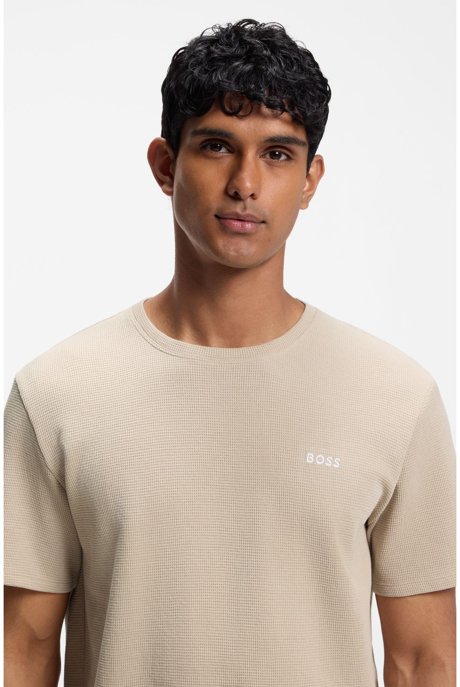 BOSS Herren Waffle T-Shirt Pyjama-Shirt aus Baumwoll-Mix mit Logo-Stickerei