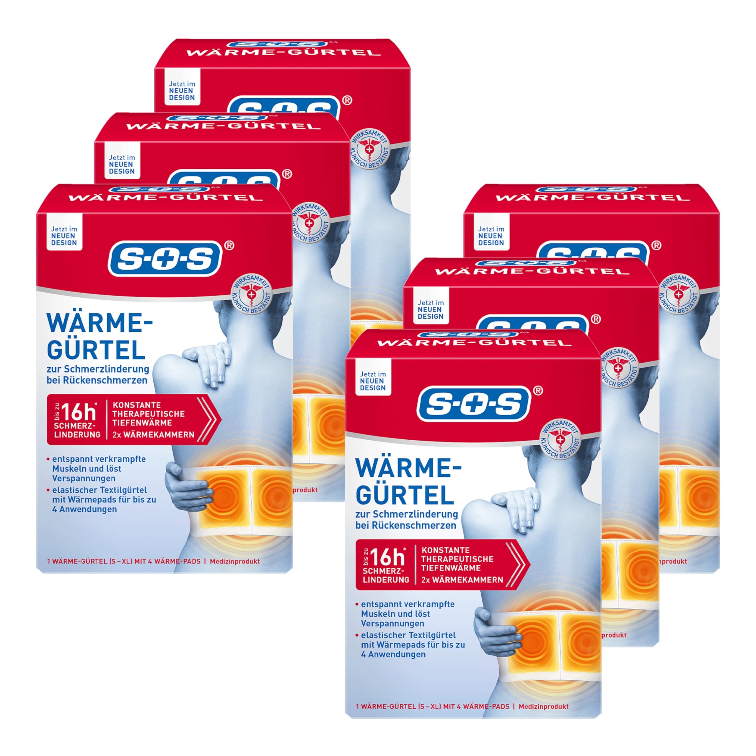 SOS Wärme-Gürtel, zur Schmerzlinderung bei Rückenschmerzen, Gürtel mit Wärmepads bei verkrampften Muskeln und Verspannungen (6 x Wärmegurt, je 4 Wärme Pads)