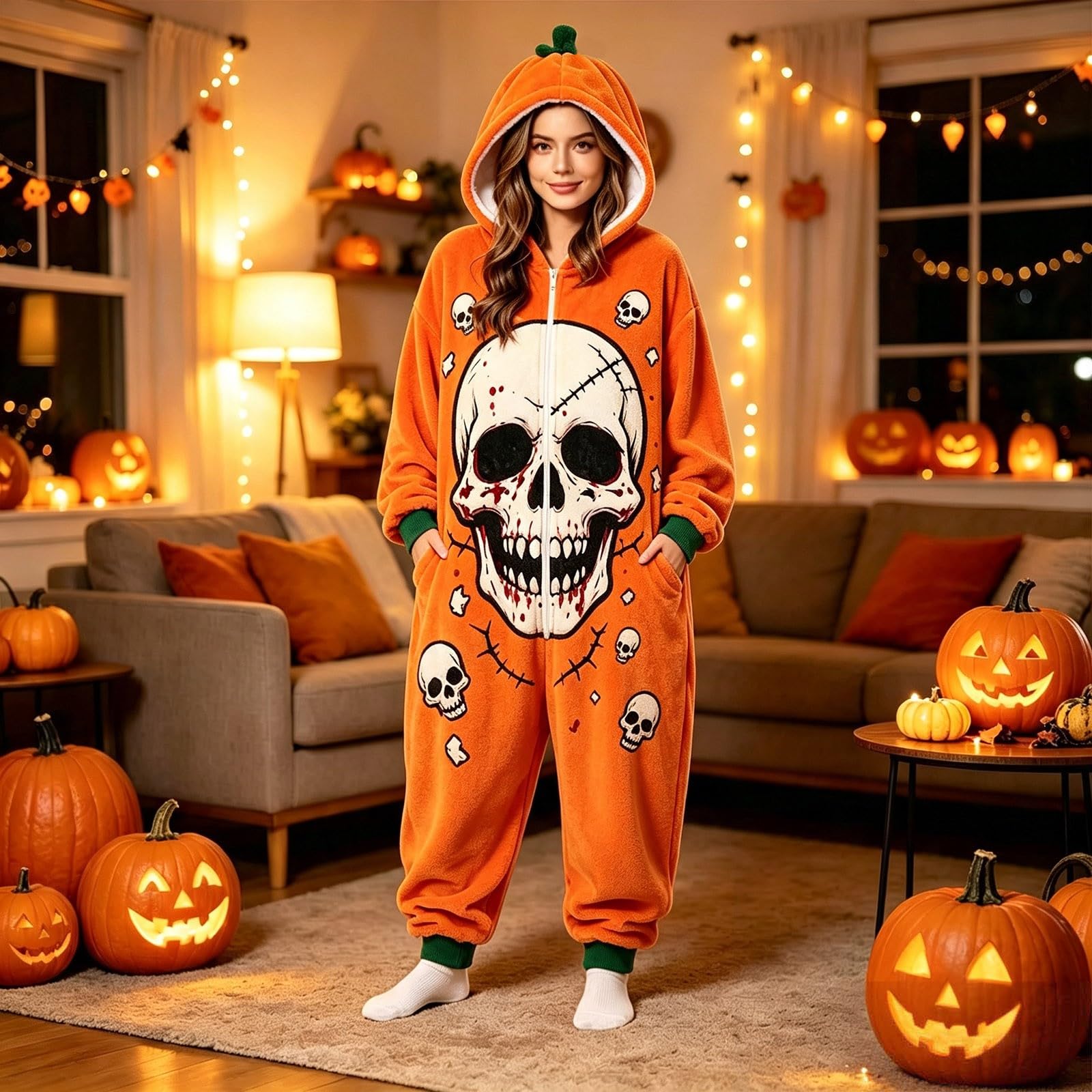 Generisch Halloween Onesie Erwachsene - Flanell-Overall mit für Damen Halloween-Motivdruck Ganzjahres-Strampler für Freizeit Kostümpartys vielseitig kombinierbar maschinenwaschbar