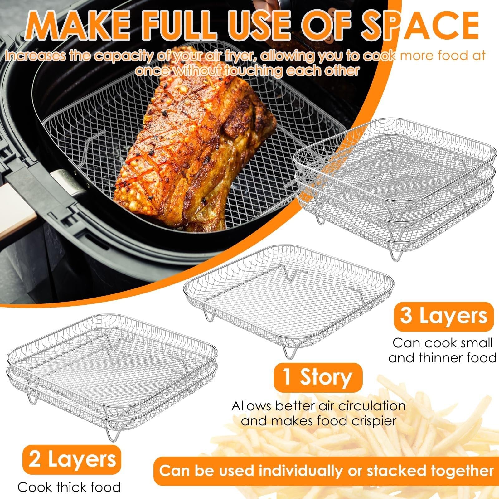 Rejilla for freidora de aire 3 niveles 8 pulgadas, rejilla for parrilla acero inoxidable con patas silicona y clip antiescaldaduras, accesorios cuadrados for 5L-7,5L
