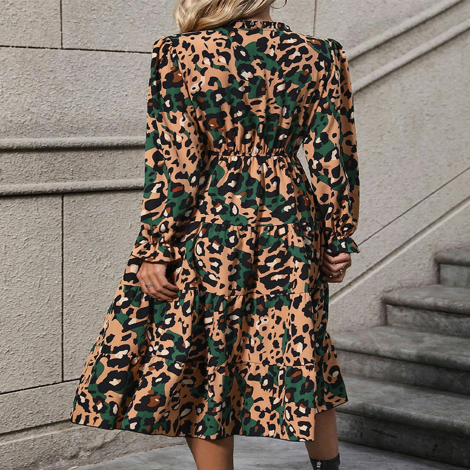 Vestido largo para mujer, cuello en V, estampado de leopardo, ribete con volantes, mangas largas campesinas, vestido casual acampanado, YYEFNMAZ