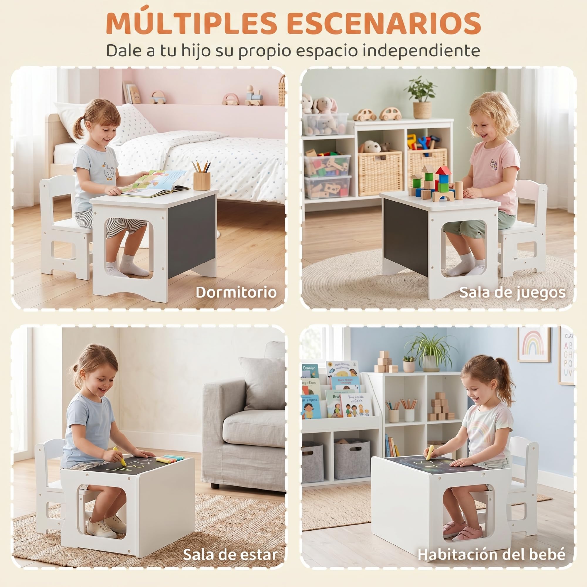 AIYAPLAY Mesa Infantil con Silla, Tablero Reversible, 3-6 Años, Blanco | Mesa y Silla Infantil con Pizarra para Dibujo, para Niños y Niñas, para Estudio, Guardería, Aulas