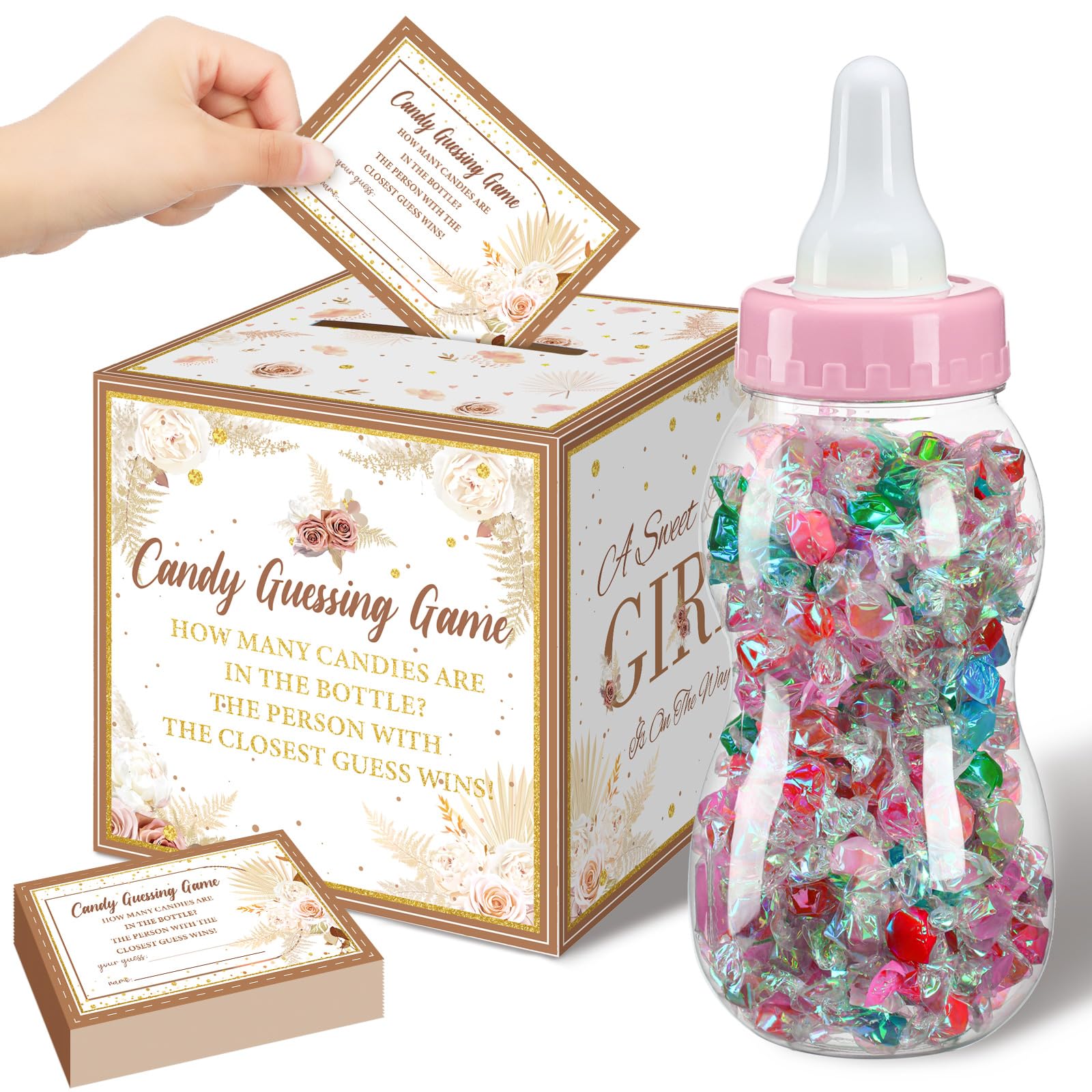 Glenmal 52 Pcs Baby Shower Games Gift Sets Large Baby Bottle for Shower Game Guess How Many Candies Decorations for Gender Reveal(Boho Pampas Grass)