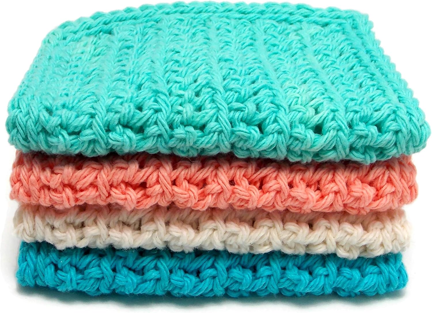 Coral and Aqua 4 inch x 7 inch Rectangular Cotton Dishcloths Set of 4 Lt. Coral Turquoise Ecru Aqua