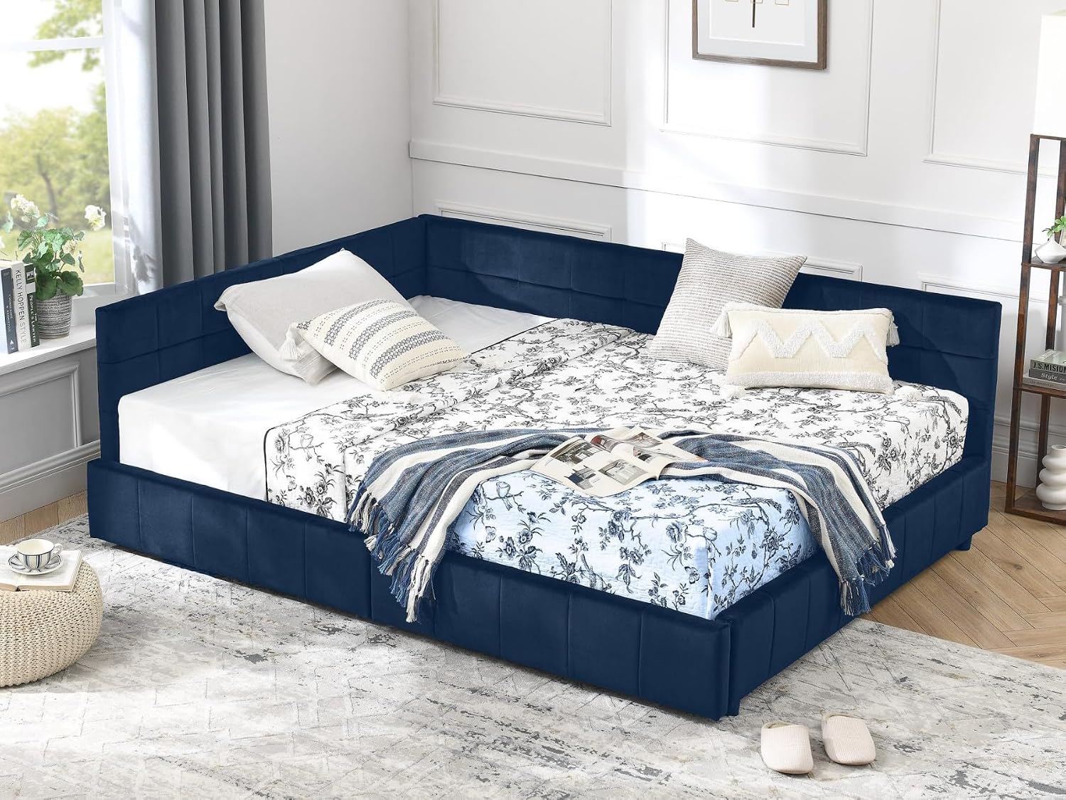 KEIKI Full Size L Shape Corner Bed Frames with 2 Storage Drawer, Backrest and Armrests, Velvet Upholstered Sofa Daybed for Small Room, Living Room, Bedroom, Guest Room, Kids' Room