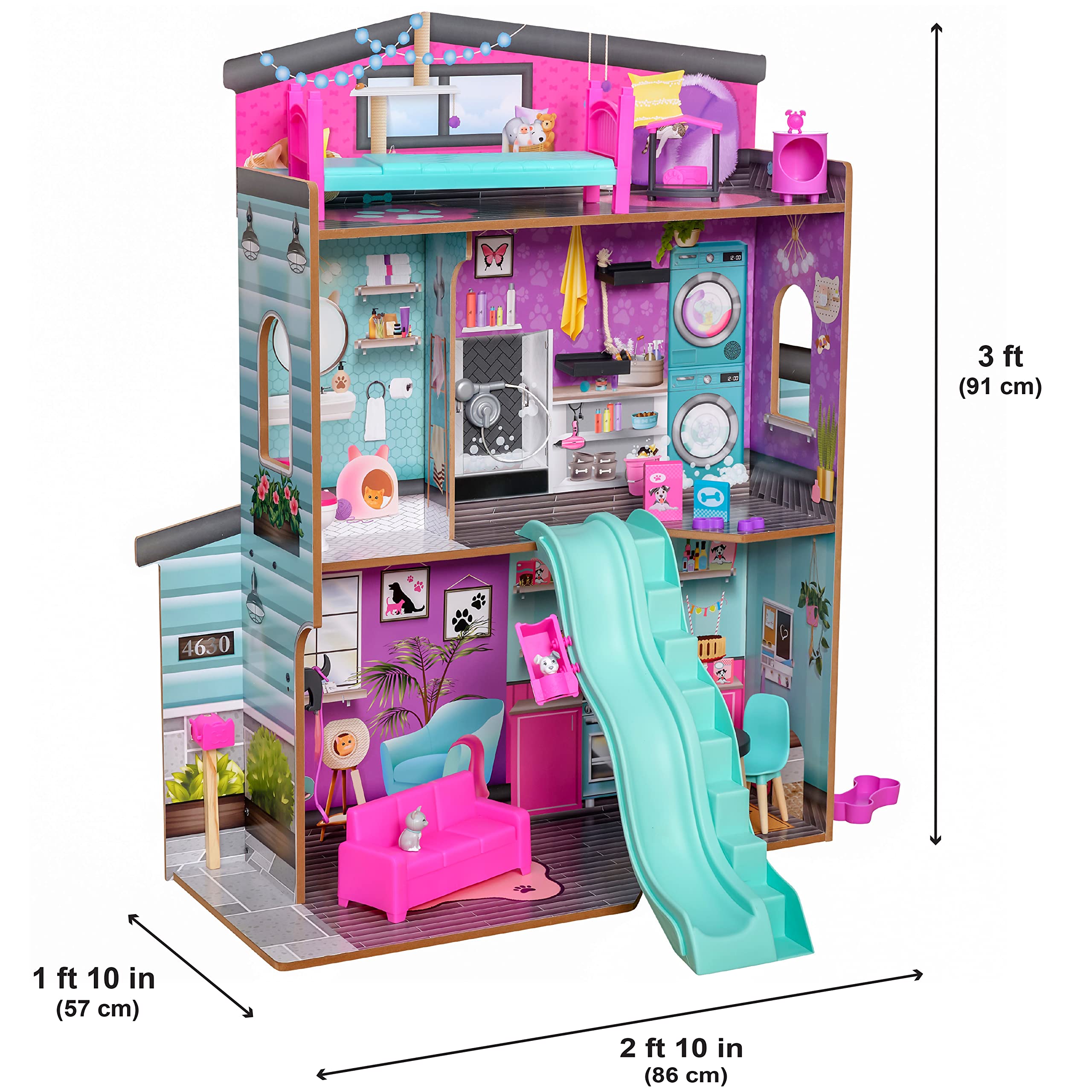 KidKraft Purrfect Domek dla lalek z drewna z meblami i akcesoriami, dla lalek 30 cm, domek z kotem i psem, figurki do zabawy, motyw zwierząt domowych, zabawka dla dzieci od 3 lat, 20240