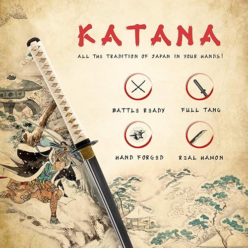 Miniatura 2 de Handmade Sword – Espada Samurai Katana, práctica, forjada a mano, acero al carbono 1045, templada al calor / arcilla, enredadera completa, afilada,