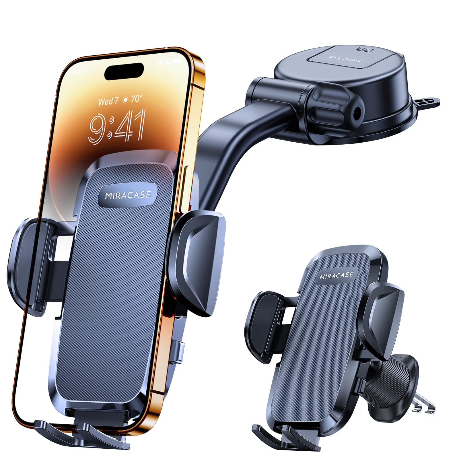 Miracase Supporto per telefono da auto, super ventosa e doppio gancio in acciaio ultra stabile, rotazione a 360°, multi-scena, per cruscotto, parabrezza, furgoni, supporto per tutti i cellulari da 4,5
