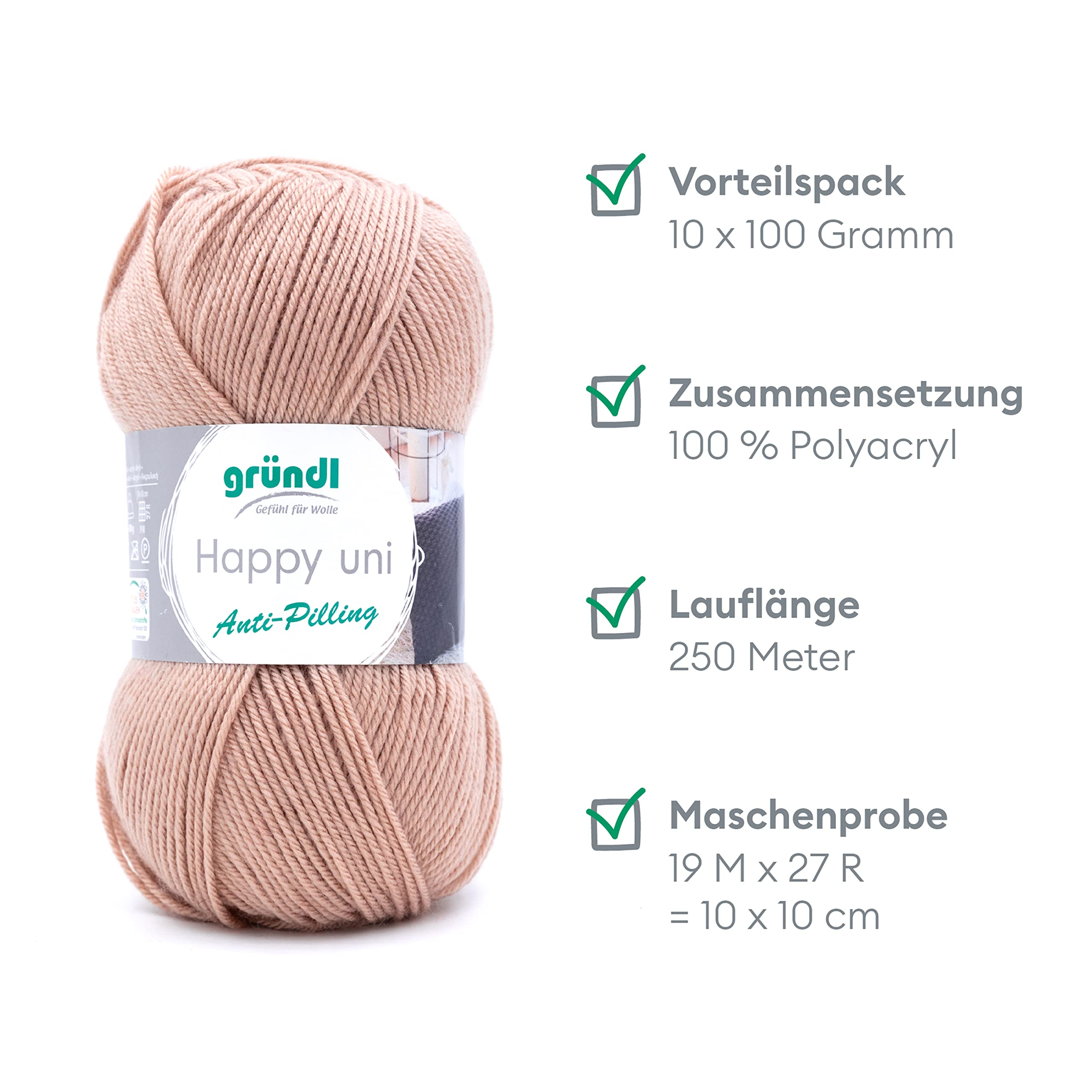Gründl Wolle Happy uni Garn zum Stricken 10 Knäuel 100 g, sand | Garn zum Häkeln - Strickgarn - Häkelgarn - Weich und hautfreundlich - 100 % Polyacryl 100 g / 250 m - Nadelstärke 4 5