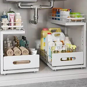 2 Pack Under Sink Organizer with Smooth Ball Bearing Slides,2-Tier Pull Out Cabinet Storage,Slide Out Drawers for Bathroom&Kitchen,Under Sink Shelf,Rust-resistant Coating,Height Adjustable