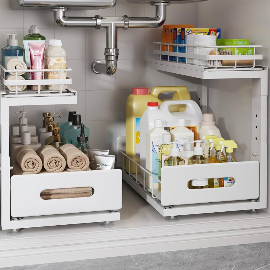 2 Pack Under Sink Organizer with Smooth Ball Bearing Slides,2-Tier Pull Out Cabinet Storage,Slide Out Drawers for Bathroom&Kitchen,Under Sink Shelf,Rust-resistant Coating,Height Adjustable