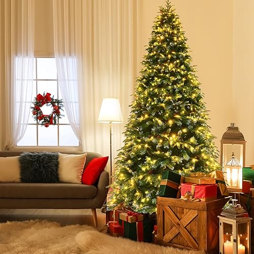 Miniatura 10 de HAPPYGRILL Árbol de Navidad artificial preiluminado de 4.5 pies, árbol de Navidad nevado con 200 luces LED blancas cálidas, 688 puntas de rama,