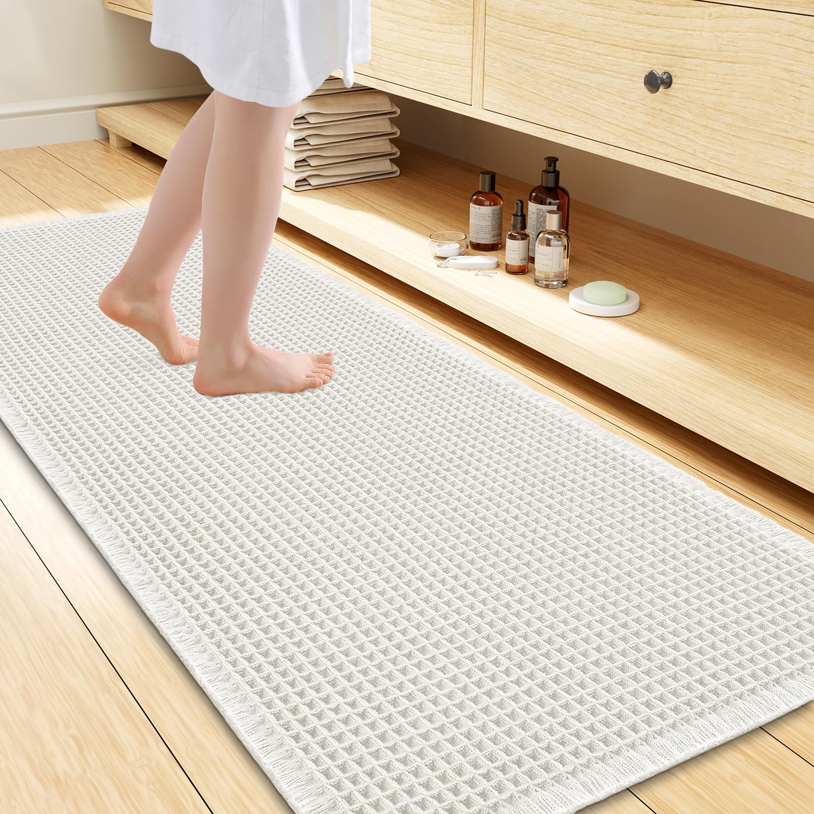 Smiry Waffle Bath Mat 47X24, Extra Soft Absorbent Bathroom Rugs, Off-White