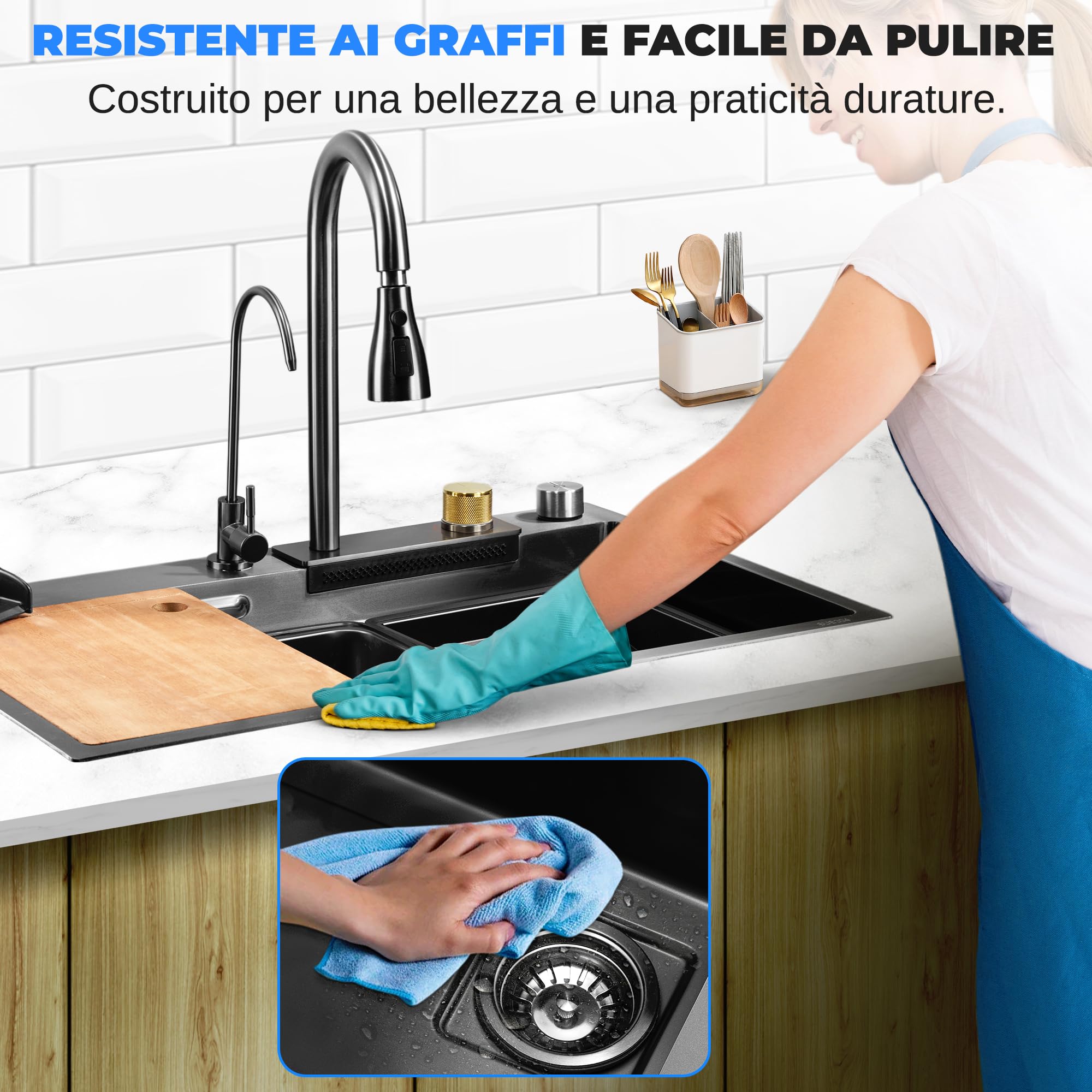 SereneLife Lavello Cucina 1 Vasca in Acciaio Inox Nero 75x46x22 cm, Lavandino Cucina con Scolapiatti, Cestello Filtro, Vassoio e Tagliere