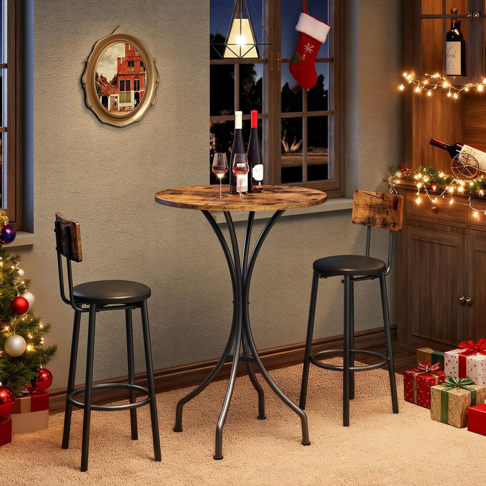 CHOEZON Bar Table, Round High Top Table, Home Counter Height Table, for Kitchen, Pub, Bistro, Living Room, Meeting Room, Rustic Brown and Black