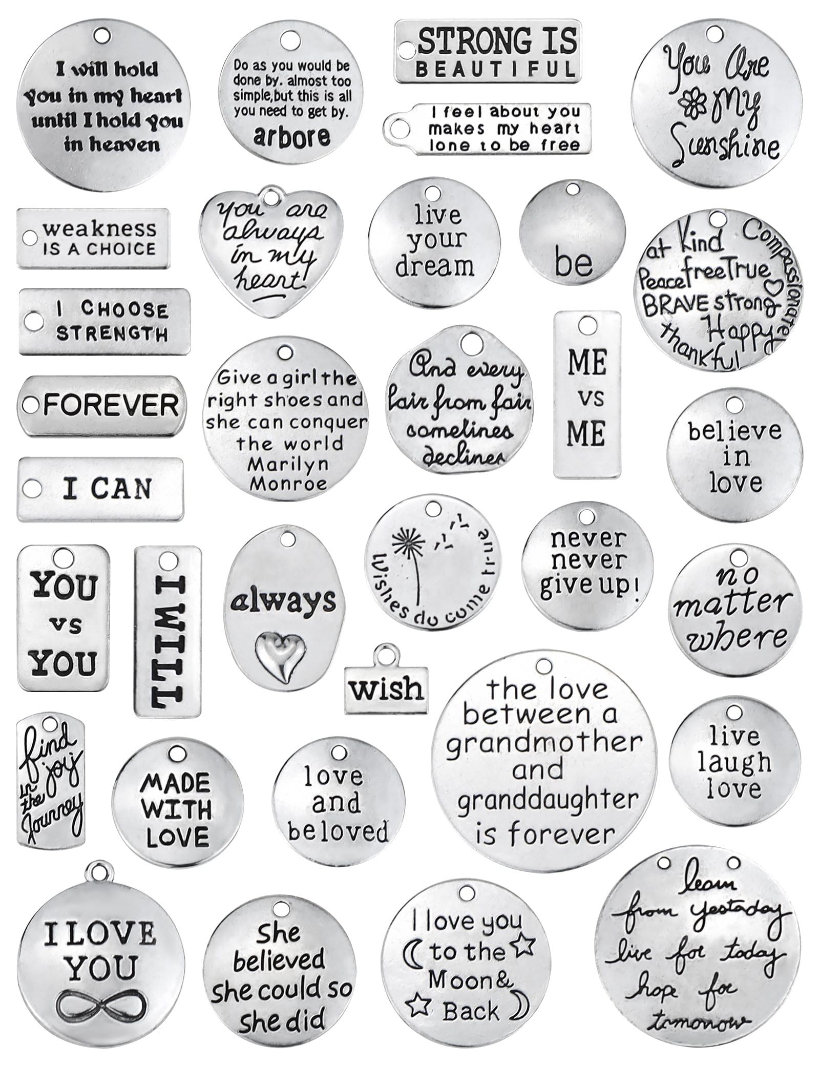 JIALEEY Motivational Charms, Wholesale Bulk Lots Inspirational Message Charm Pendants for Crafting, Jewelry Findings Making Accessory For DIY Necklace Bracelet, 30PCS