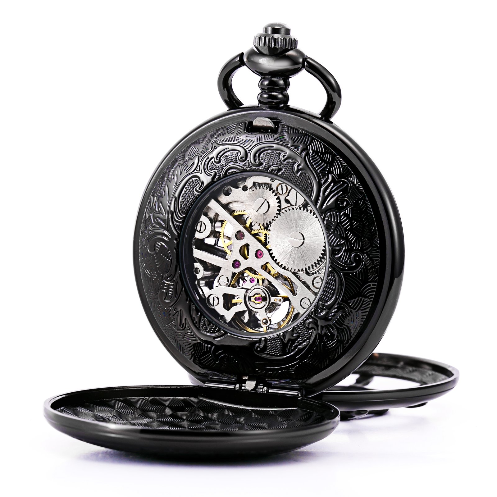 TREEWETO Reloj de bolsillo vintage timón hueco mecánico Steampunk esqueleto números romanos Fob reloj con cadena para hombres y mujeres