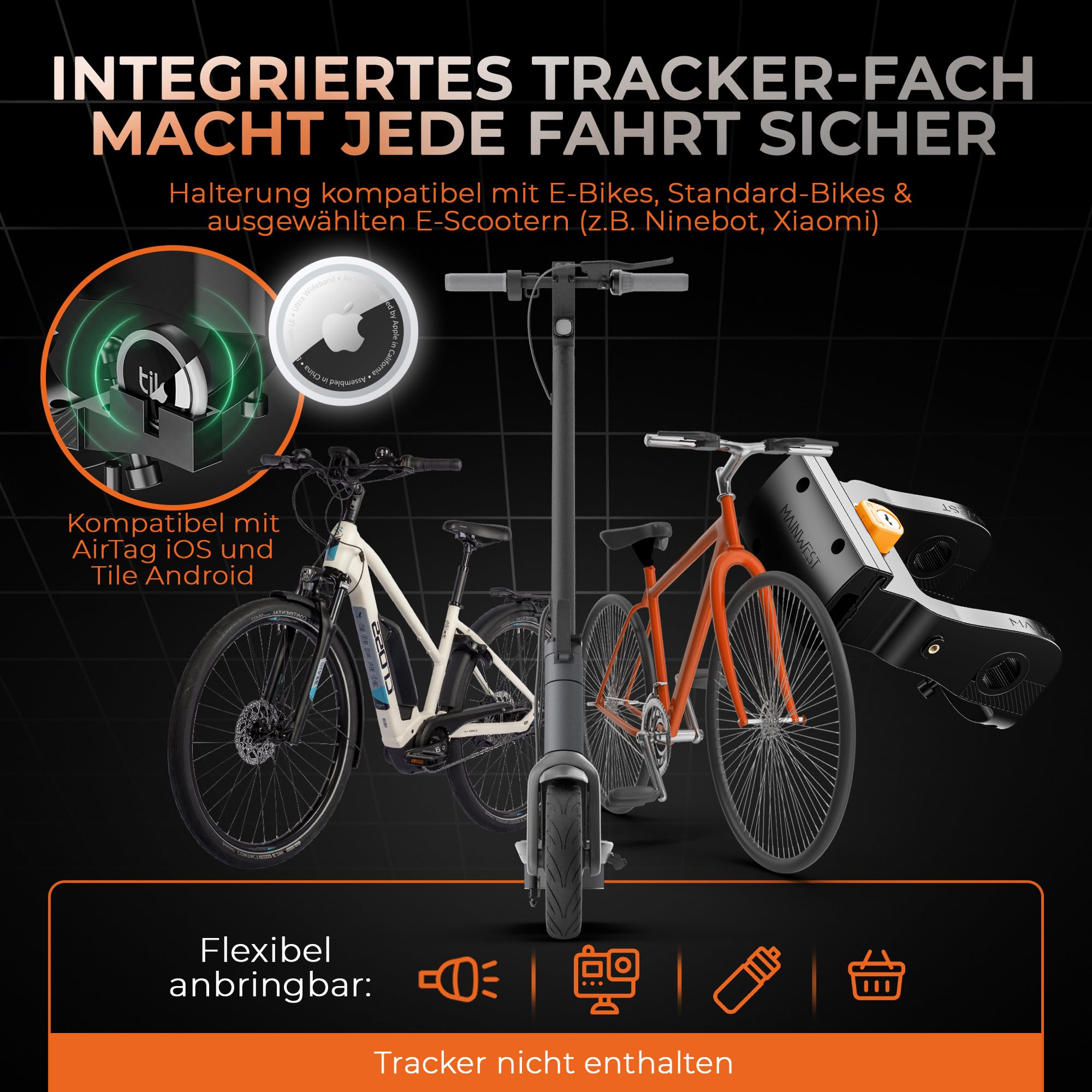 lenkertasche halterung für e-bikes MAINWEST - Fahrrad - inkl. Lenkeradapter E-Bike - mit Airtag Fahrrad Versteck - Lenkertasche ebike - abnehmbares Handyfach Feature:Wheels Lens Color:Black Chrome MirrorShield® THULE 933 EasyFold XT