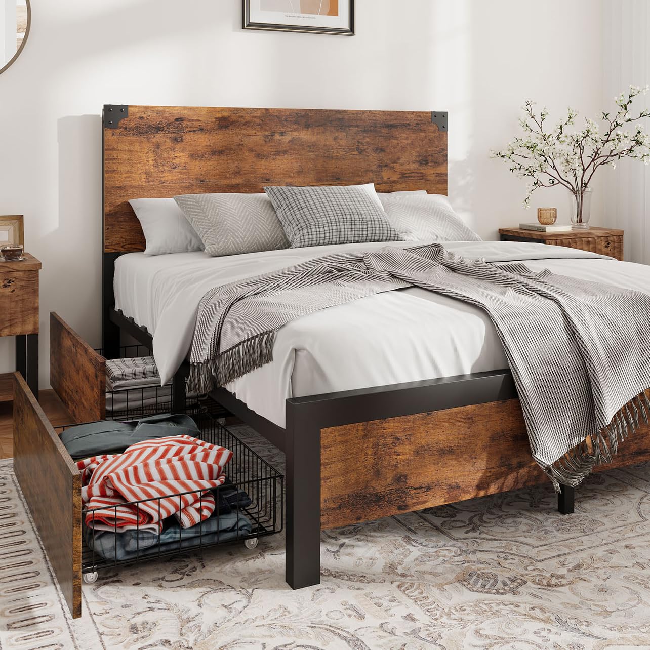 GarveeHome Full Size Bed Frame with 4 Storage Drawers and Heavy Duty, Strong Metal Support Bed Frame with Wooden Headboard, No Box Spring Needed, Easy Assembly, Vintage Brown