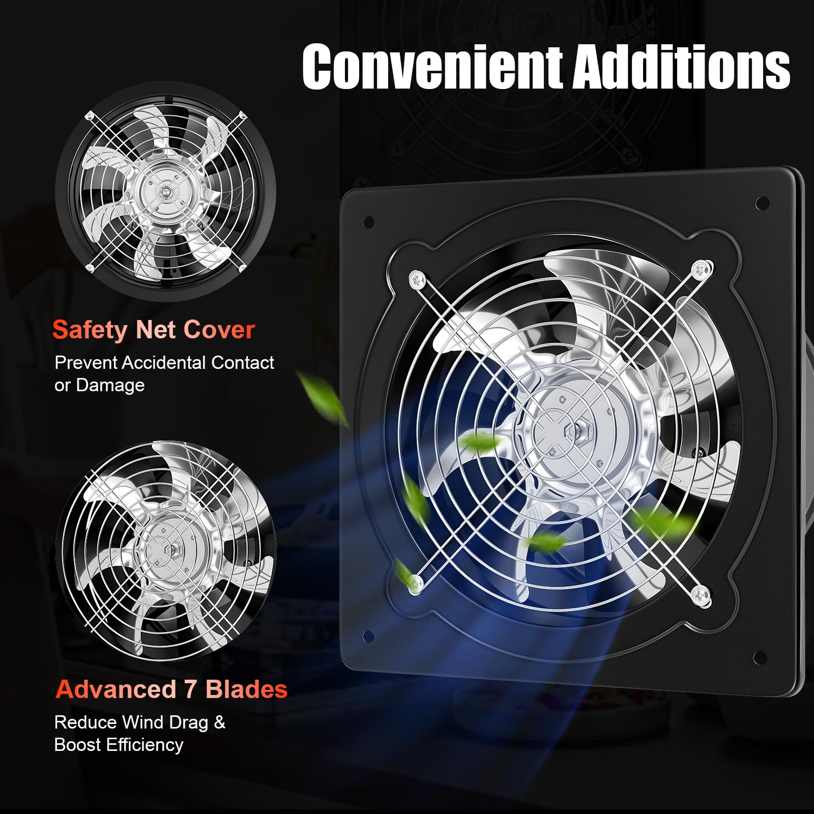 Ventilatore quadrato e rotondo da 200 mm, 80 W, 2800 giri/min, adatto per la ventilazione di garage, cantine, soffitte e finestre