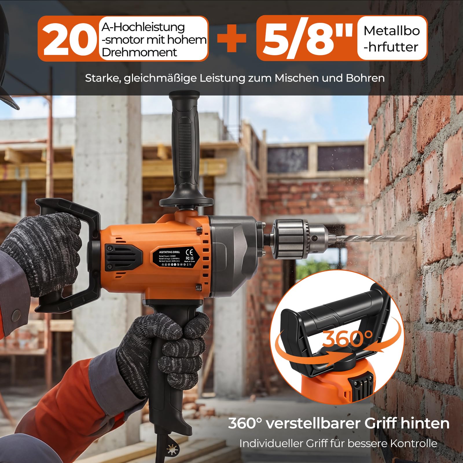 Rührwerke 20A Bohrmischer Set, 1100 U/min, 5/8" Metallbohrfutter, Betonmischer mit 360° D-Griff, Rührwerk & Bohrmaschine in einem für Mörtel, Beton, Farbe