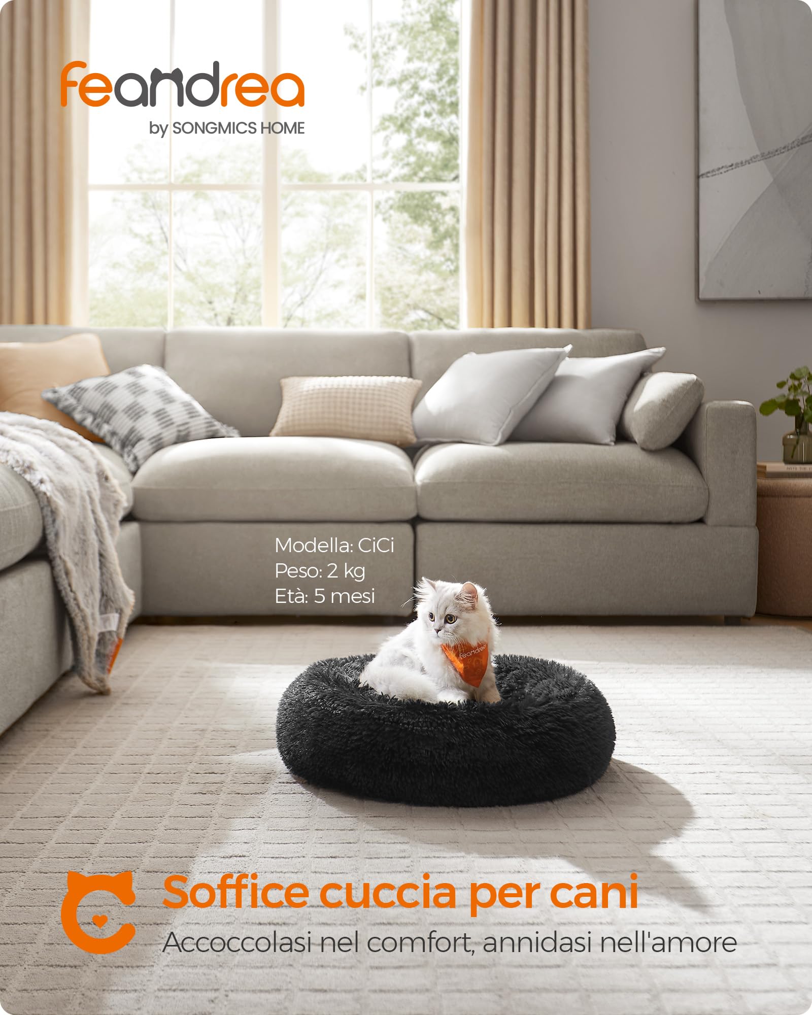 Feandrea Cuccia Cane Interno, Cuccia per Cani, Lettino per Animali Domestici a Ciambella, Cuscino Sfoderabile e Lavabile, Tappeto di Peluche, Diametro 50 cm, Nero Inchiostro PGW037B01