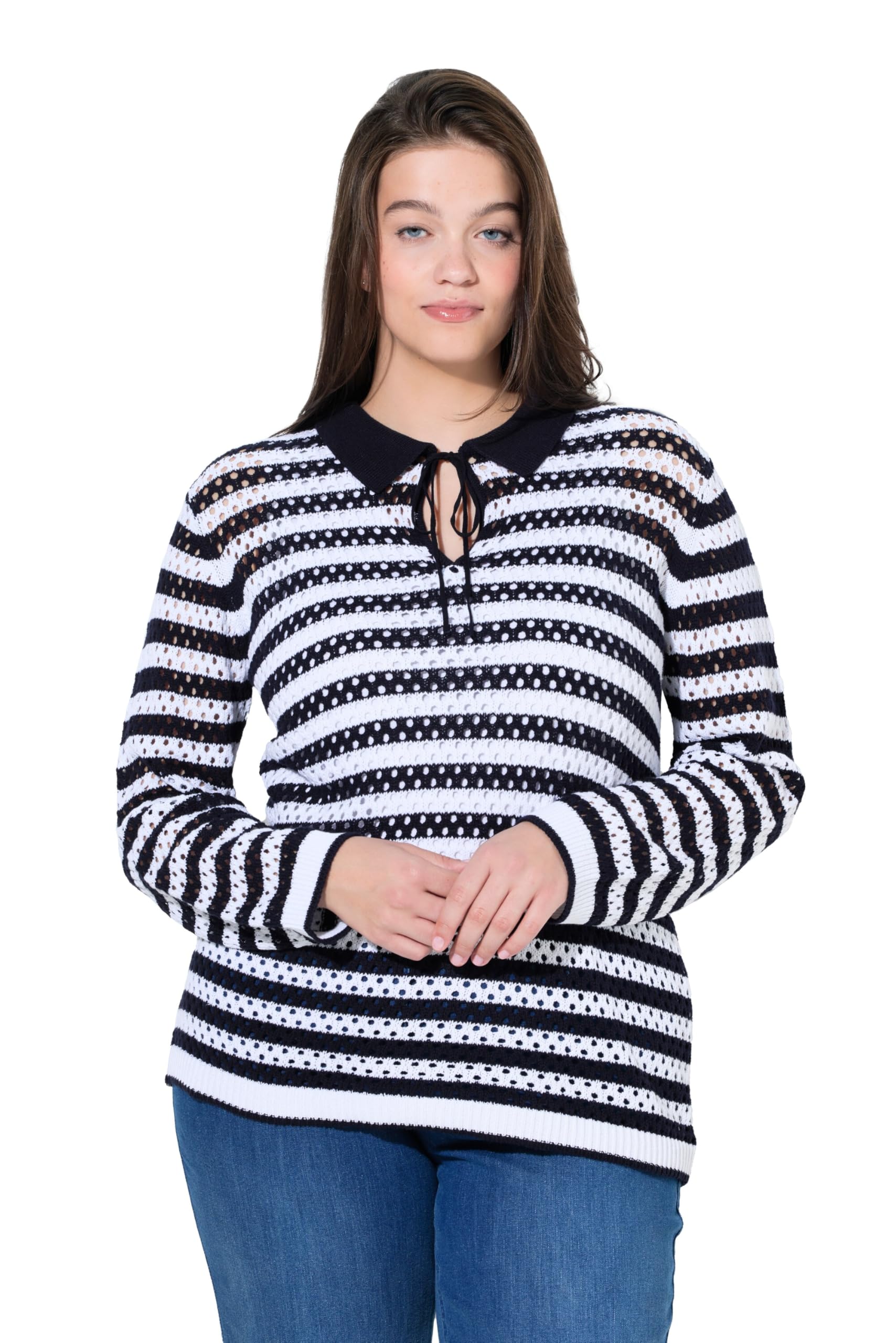 Ulla Popken Damen große Größen Übergrößen Plus Size Polo-Pullover, Lochstrick, Ringel, Langarm, Biobaumwolle 846141