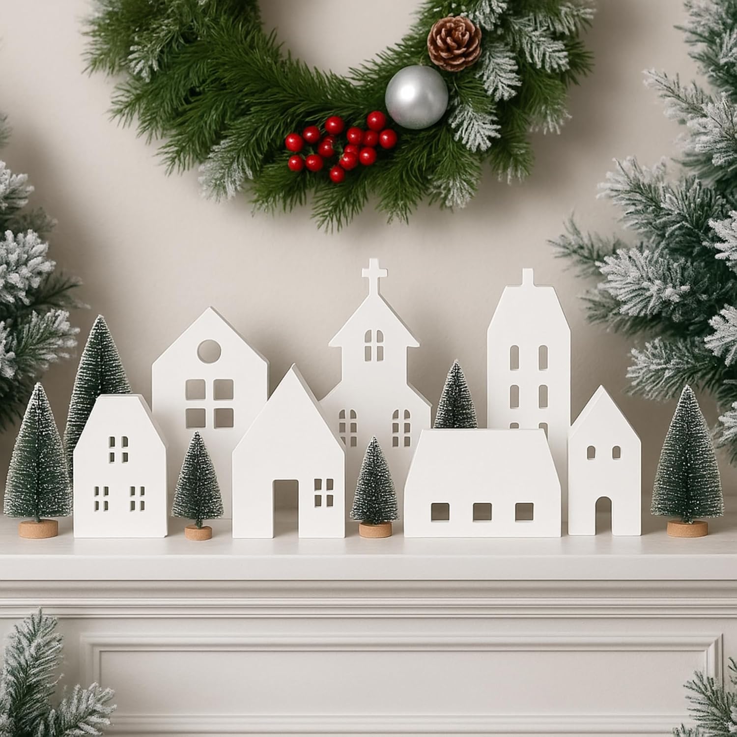 14-Pc Colingmill White Christmas Village Set: Wooden Houses & Mini Pine Trees for Holiday Mantel, Tabletop & Tiered Tray Decor