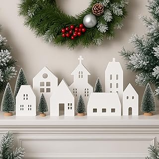 14 Pcs White Christmas Village Sets Wooden Houses Blocks Mini Pine Trees Christmas Town Village Decor for Winter Holiday Tiered Tray Fireplace Mantel Window Table Centerpieces