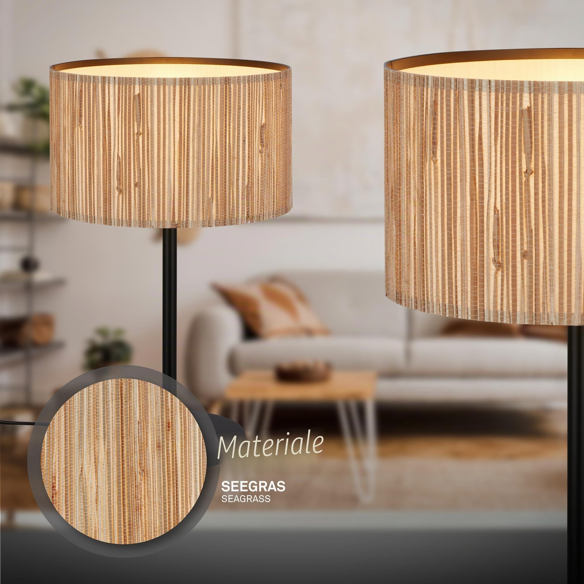 Briloner Lampada da tavolo con paralume in seagrass, interruttore a cavo, E27, max. 10W, 25x41,5 cm, natura