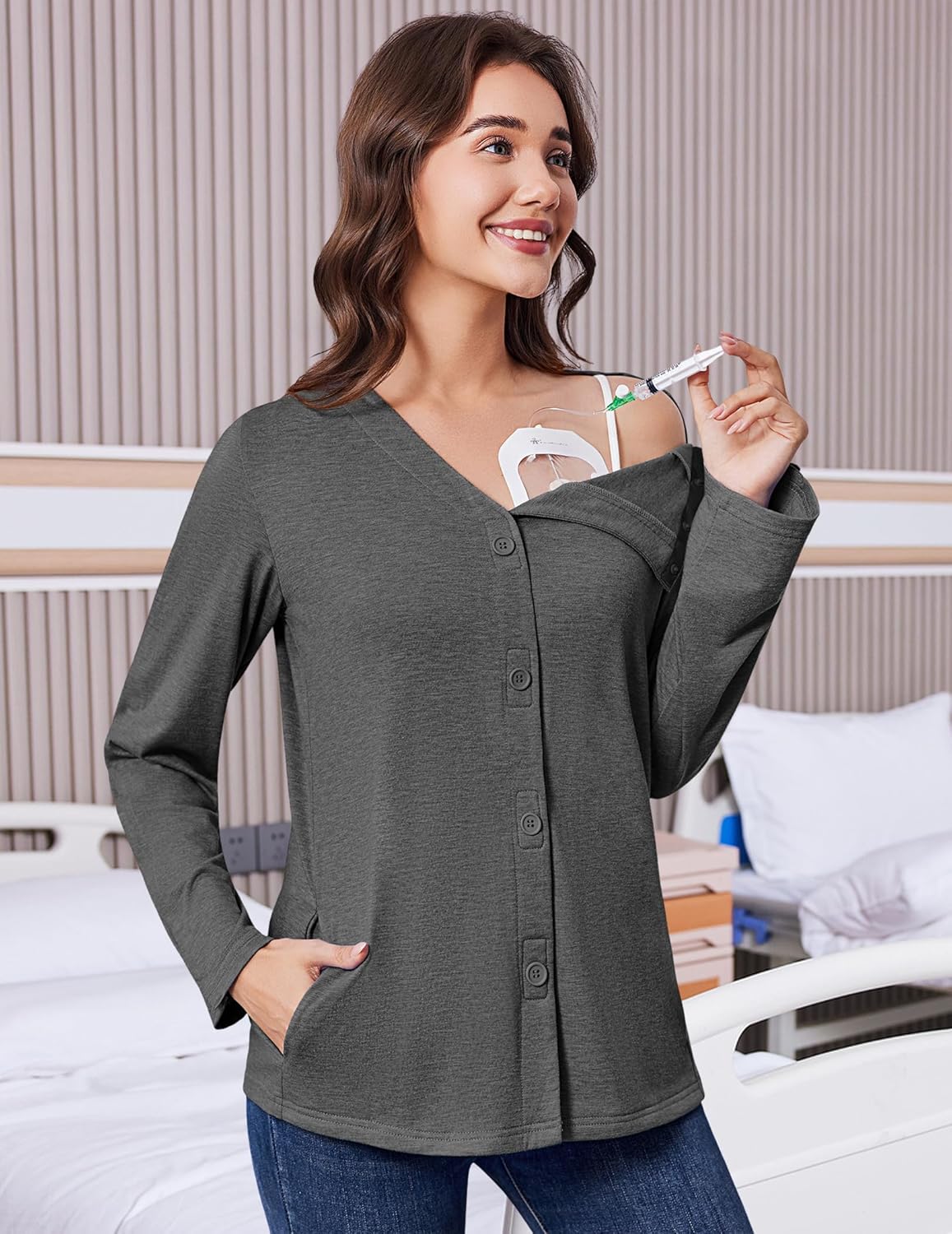 Deyeek Mastectomy Shirts with Drain Pockets Tear Away Side Snap Post Shoulder Surgery Shirts Women Chemo Port Dialysis Shirt - Image 7