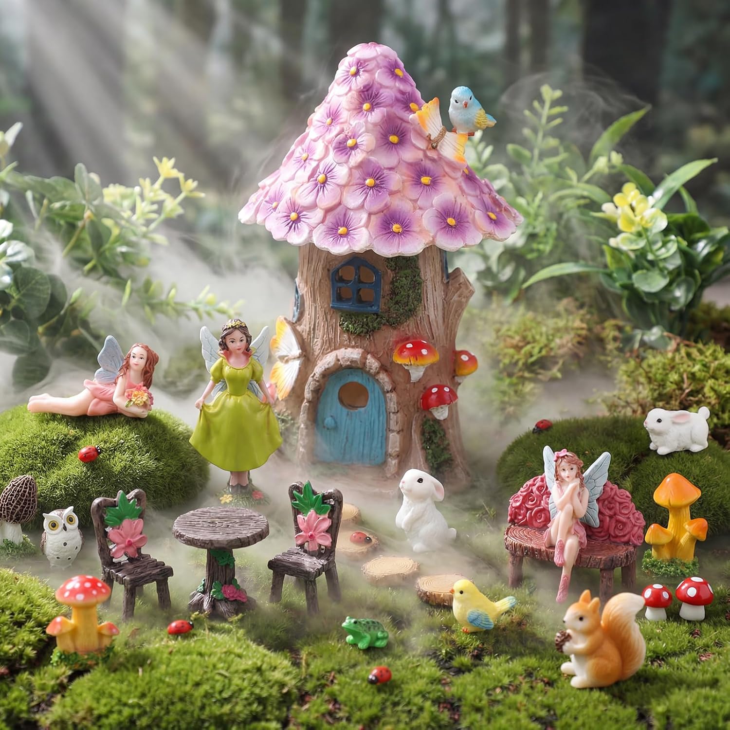 60 Pcs Solar Fairy Garden House Resin Kit with Lighted Cottage Miniature Fairy Garden Accessories Set for Outdoor Patio Yard Planter Decor DIY Fairy Garden Kit (Fairy)