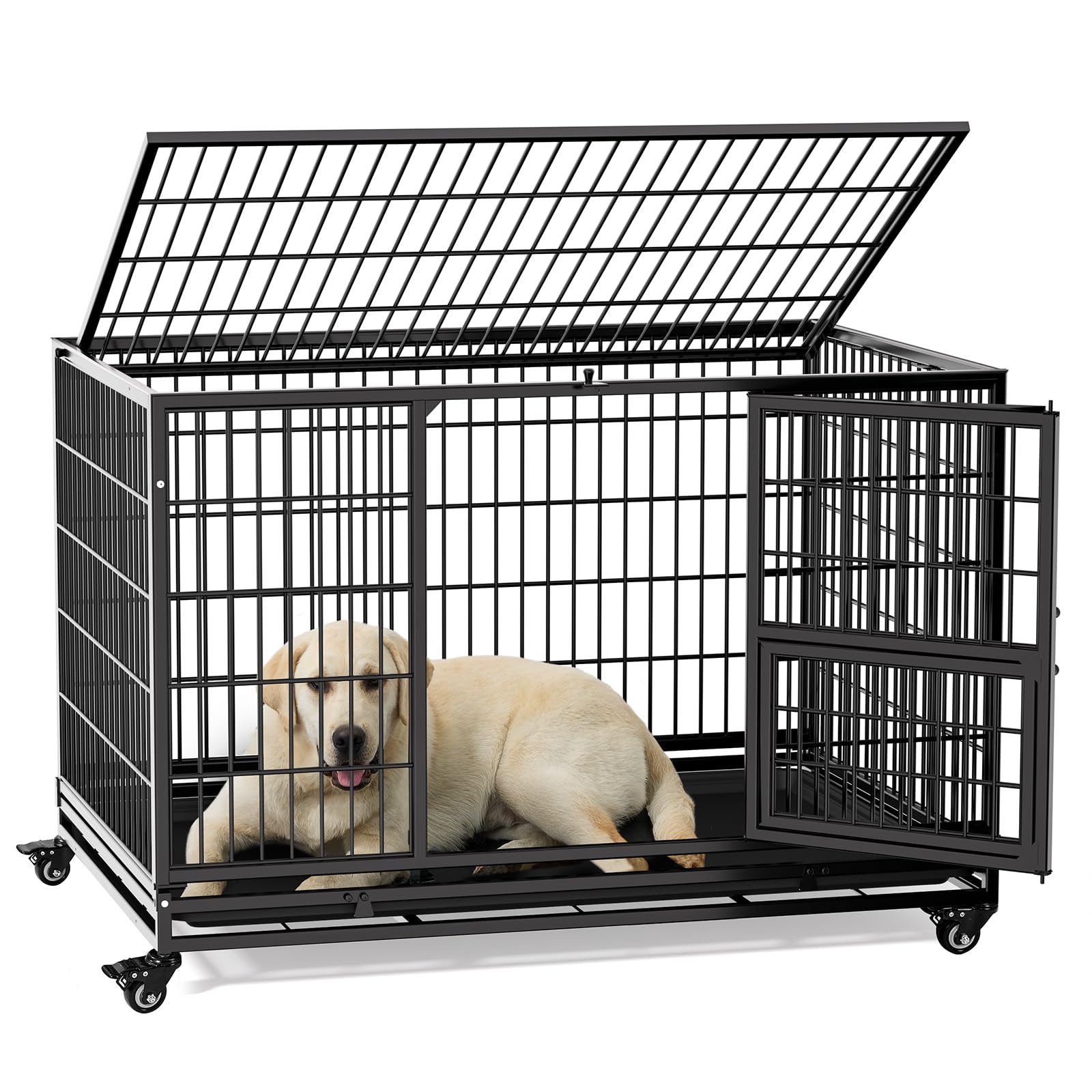 Gardner Pet 43 Inch Heavy Duty Dog Crate with Wheels, Folding Metal Dog Cage for Small/Medium and Large Dogs, Indestructible Dog Crate with Removable Tray (Black)
