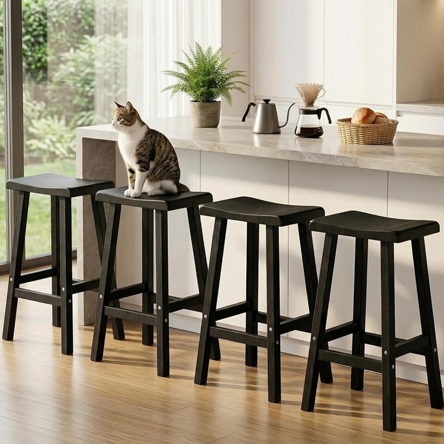 EFU Outdoor Bar Stools Set of 2,All-Weather Patio Stools & Bar Chairs, Heavy Duty Resin Saddle Stool with Protective Foot Pads,Waterproof 29 Inch Stool with Footrest for Deck,Balcony and Yard (Black)