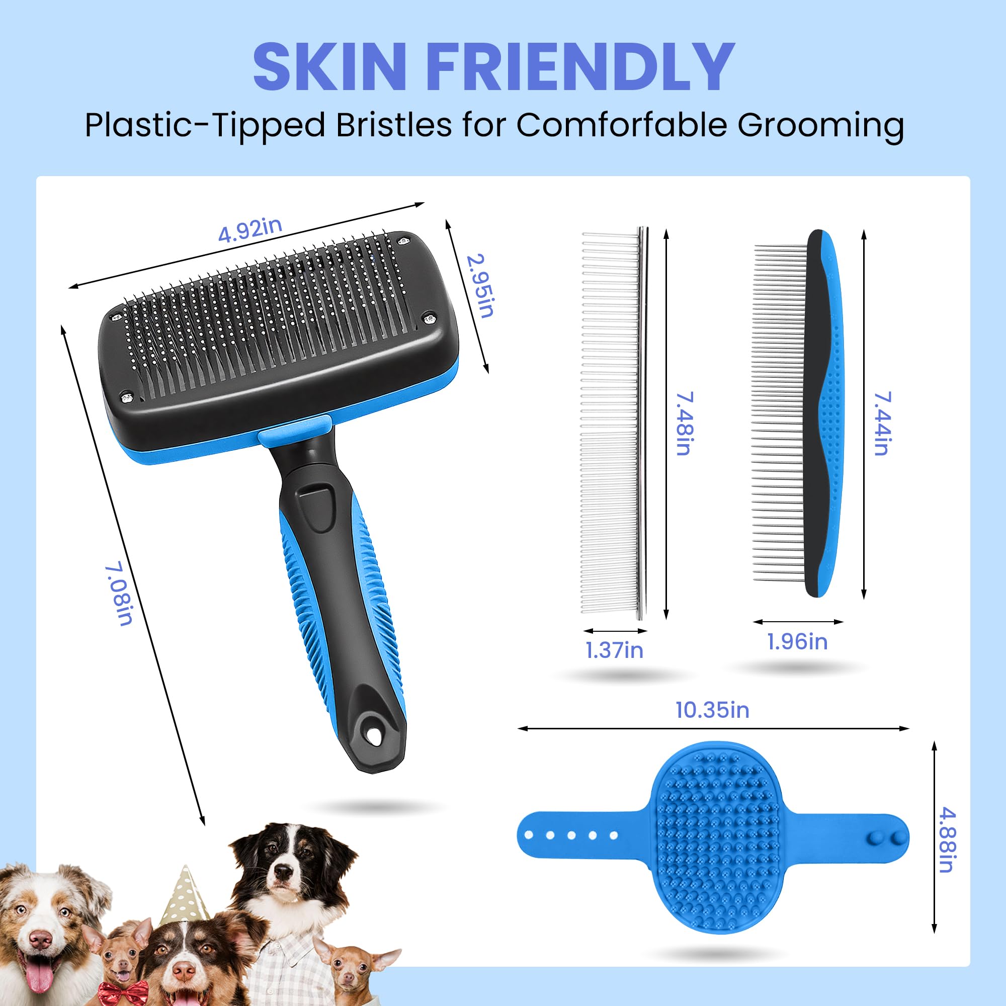 Self Cleaning Shedding Brush - 5-in-1 Professional Pet Grooming Kit Skin Friendly Grooming Tool for Dogs, Cats, and Puppies, Deshedding and Hair Removal for Long and Short Haired Pets, Blue - image 2