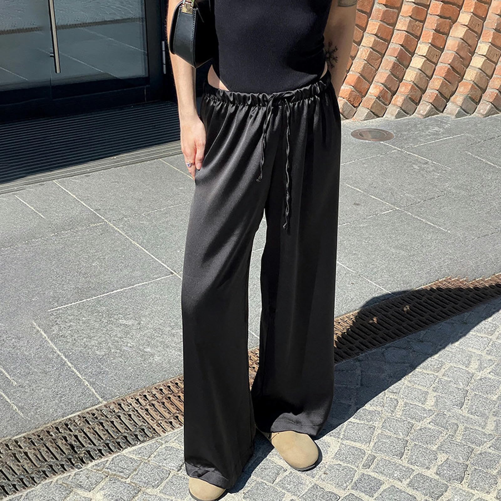 Pantaloni Street Style Americani in Maglia Leggera e Morbida Pantaloni Dritti Basic a Vita Bassa con Coulisse-Bianco Sporco-M