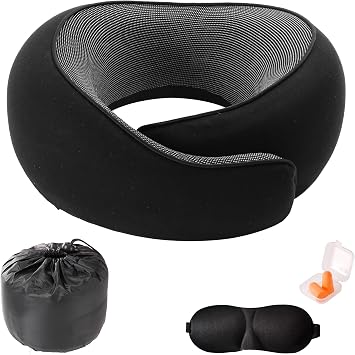 Travel Pillow,Travel Neck Pillows for Airplanes,Comfortable Breathable Cover,Memory Foam 360 Degree Support Stowable Pillows,Ideal Accessory for Sleeping Offices and CarsPure Black