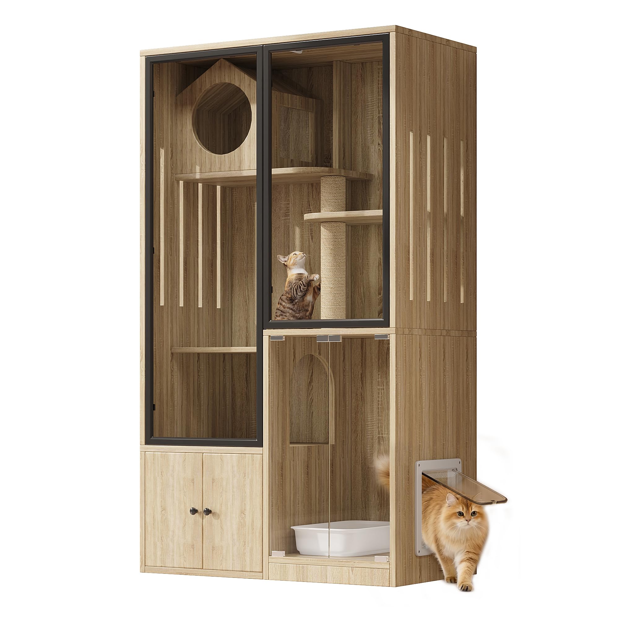 Jaula grande para gatos de 90 x 50 x 160 cm, 4 pisos con frontal de cristal, casa para gatos resistente al invierno y casa para animales pequeños, incluye postes rascadores, para interior y exterior