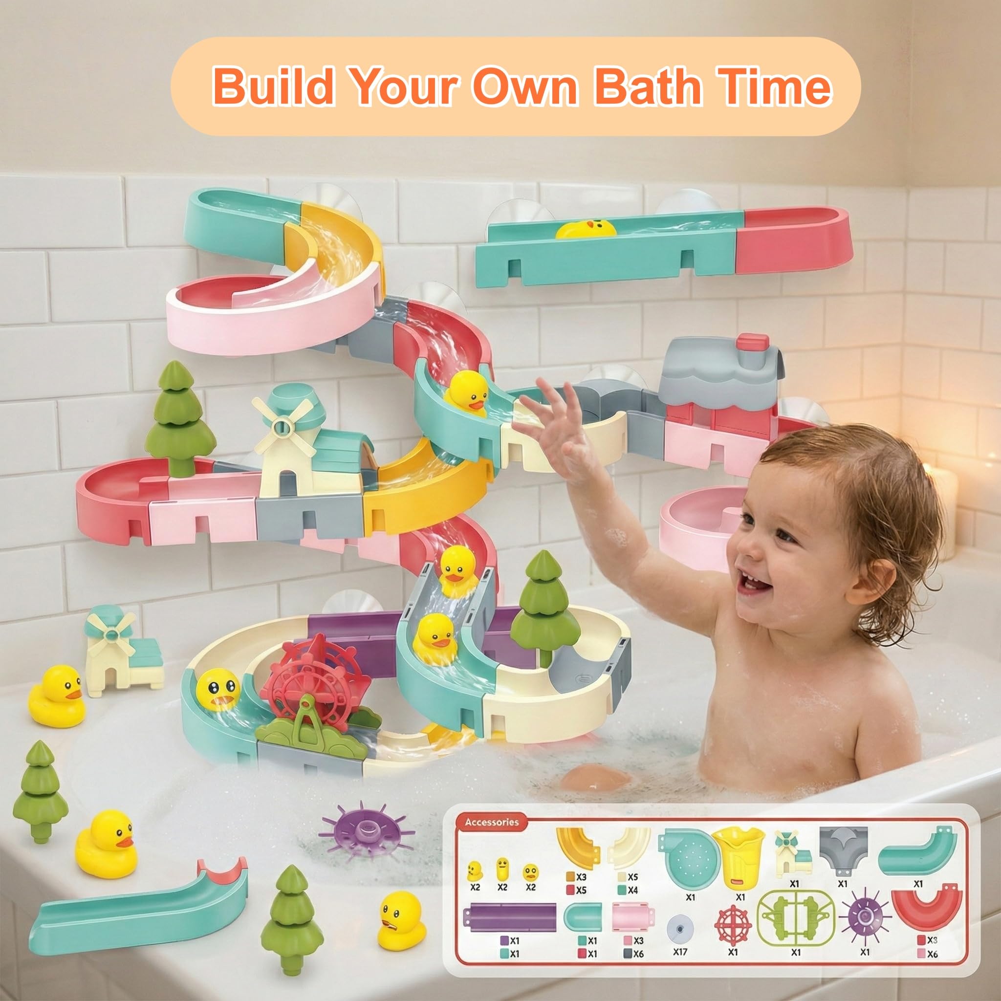 Vivyklfc 72 Pcs Water Track Bath Toy, DIY Building & Water Play Set including Suction Cups, Spinning Windmill - Image 4