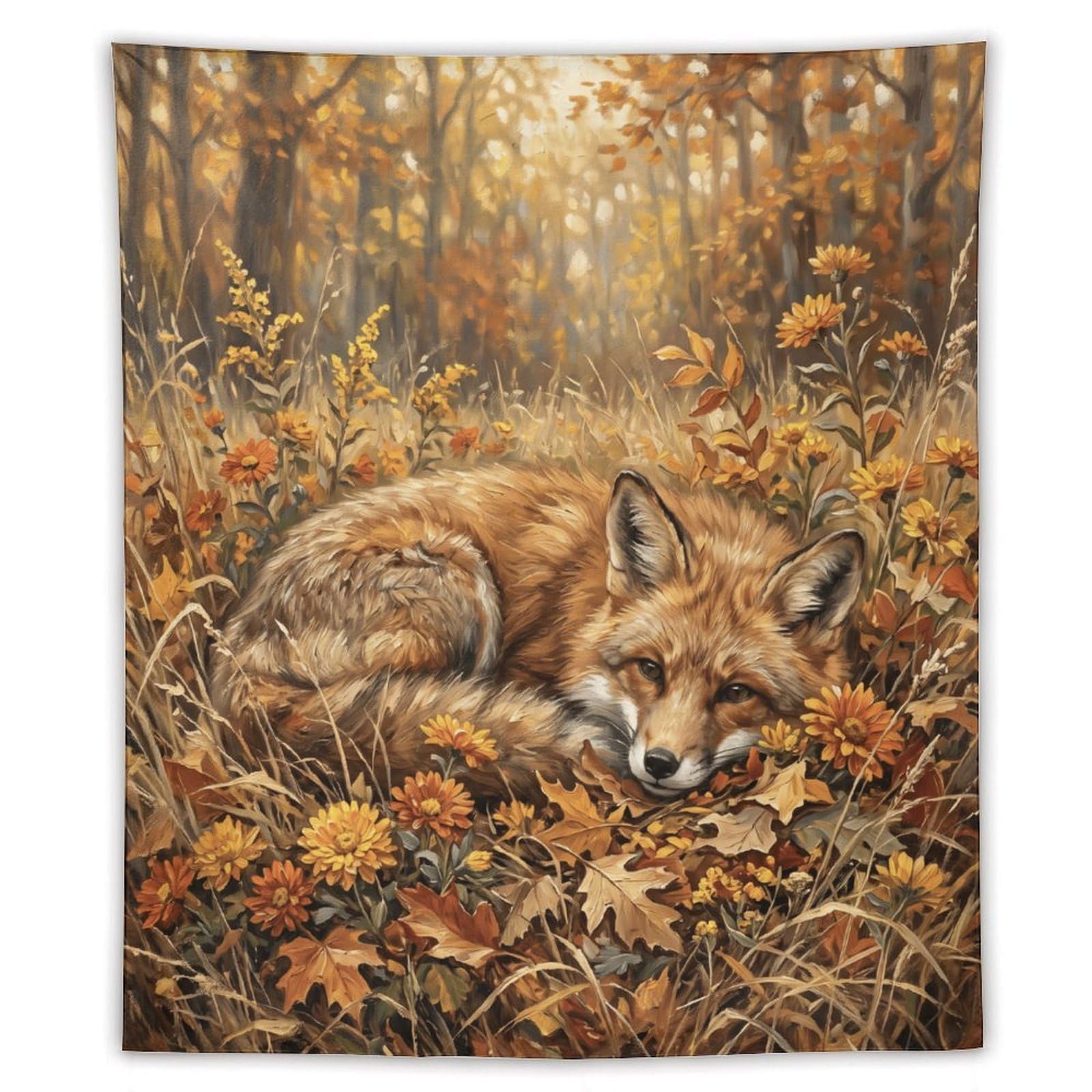 H3B8U2Y5 Autumn Fox Forest Wall Tapestry, Realistic Illustration