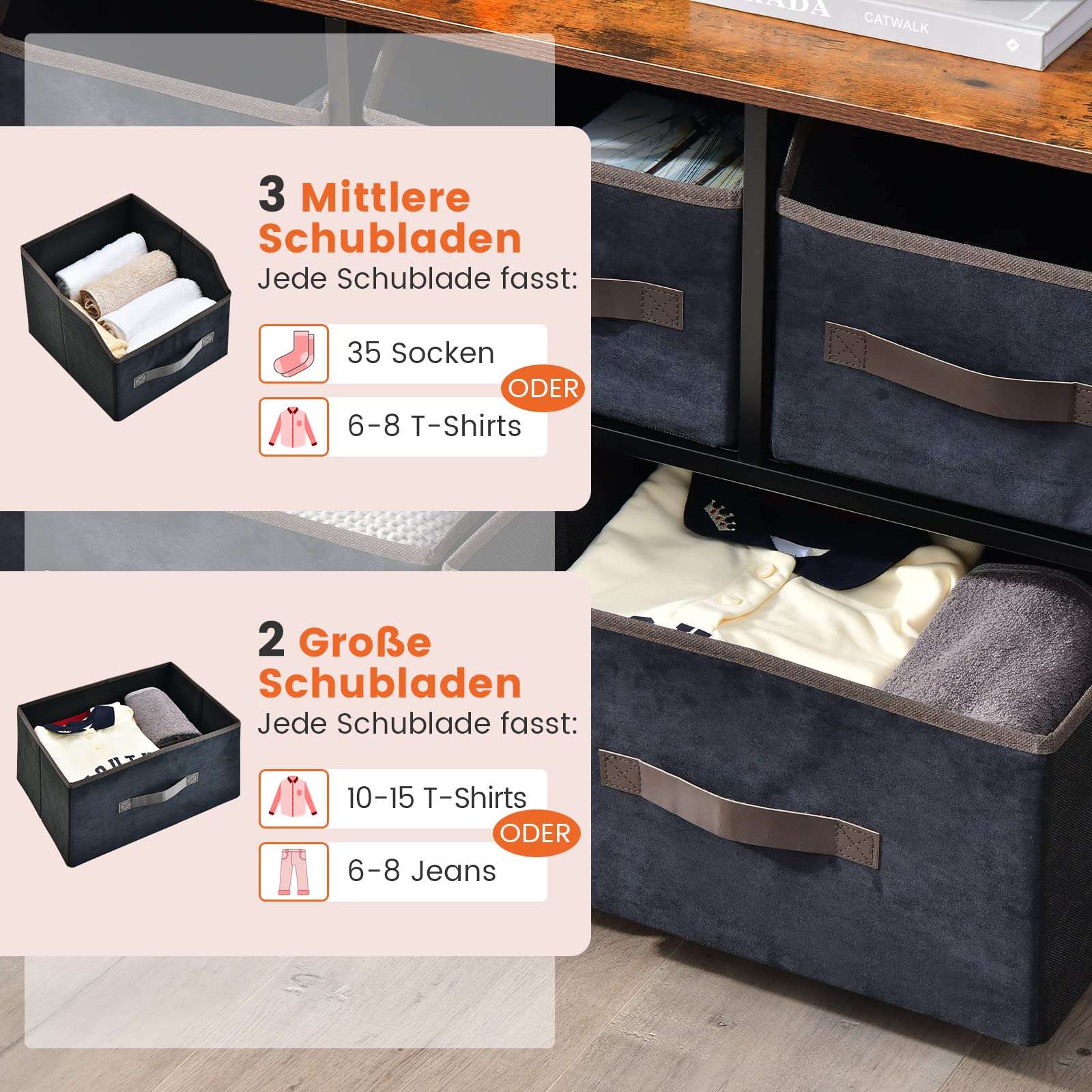 COSTWAY Komoda z szufladami z materiału, komoda z materiału z górną półką i zabezpieczeniem przed przewróceniem, wolnostojąca komoda na ubrania do salonu, sypialni (5 szuflad)
