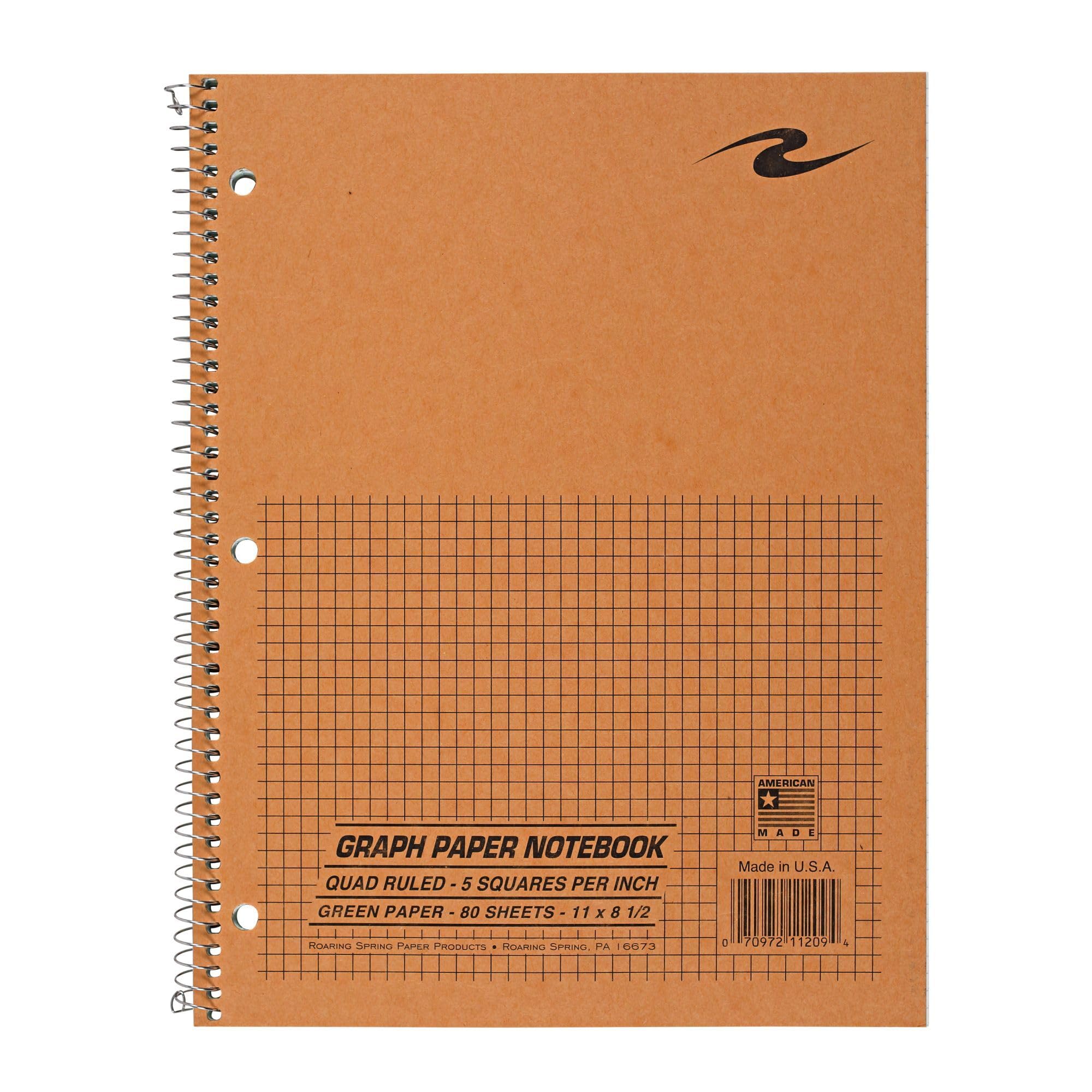 ROARING SPRING Graph Paper Notebook, Spiral Lab Notebook, Green Tinted Paper, 80 Sheets, 11" x 8.5", Quad Ruled 5x5 Grid, Made in USA, Ideal for Math, Engineering & Science