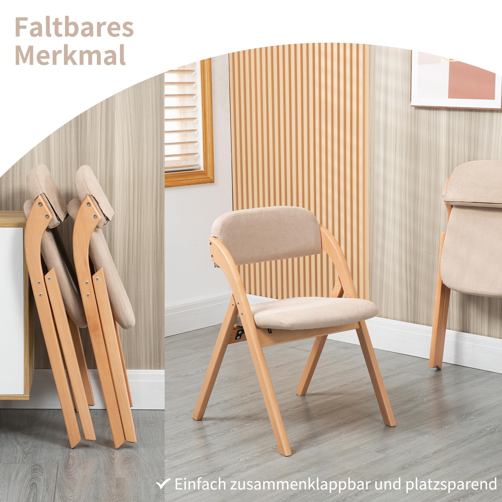 Klappstühle Set aus 2 stapelbaren Holz-Esszimmerstühlen mit gepolsterten Sitzen und abnehmbarem Bezug