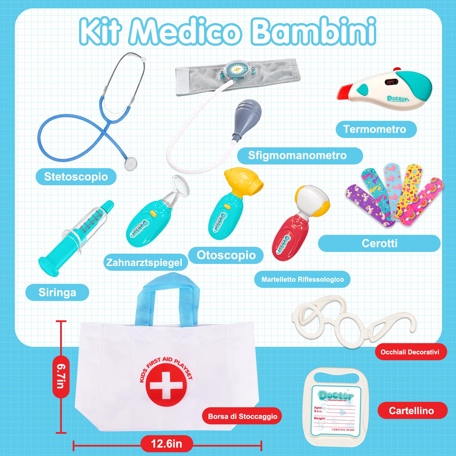 Valigetta medica bambini dai 2 3 4 5 anni in su, con stetoscopio realistico, termometro, giochi di ruolo, giochi di dottorato, kit medico, kit di dottorato, giocattolo a partire dai 3 4 5 anni